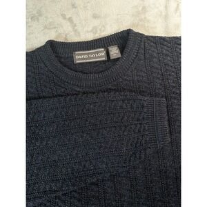 VTG David Taylor Sweater Mens 2XL Navy Blue Textured 3D Knit‎ Crewneck Made USA